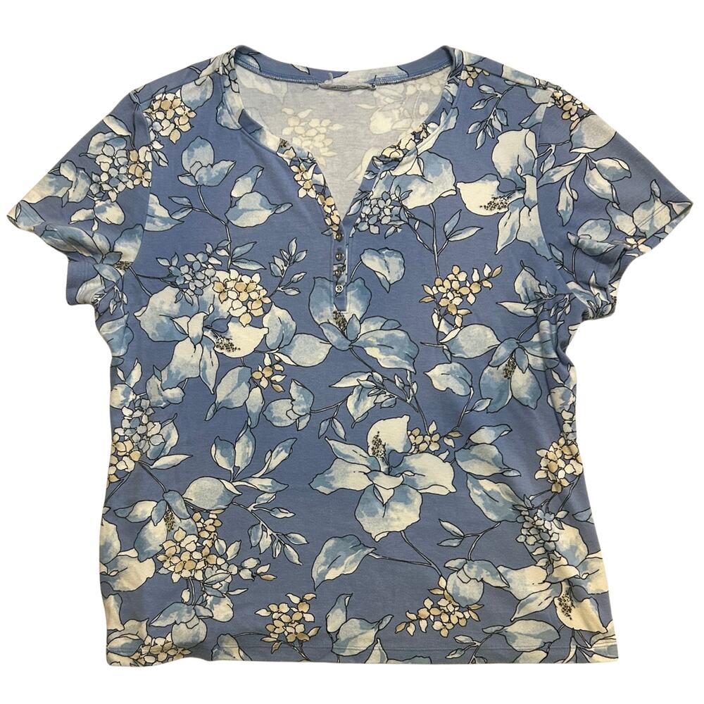 Blue White Hibiscus Floral Henley Top Grandmacore Cottagecore Short Sleeve XL